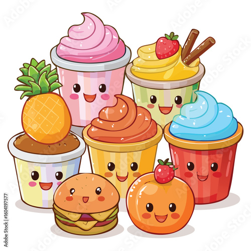 Delicious set of cartoon dessert illustrations featuring a seamless pattern of cakes and cupcakes with chocolate, cherry, and strawberry toppings