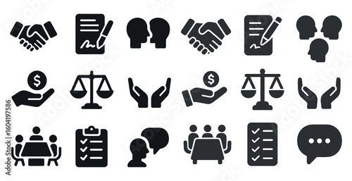 Business and communication solid icons set – flat, filled negotiation symbols