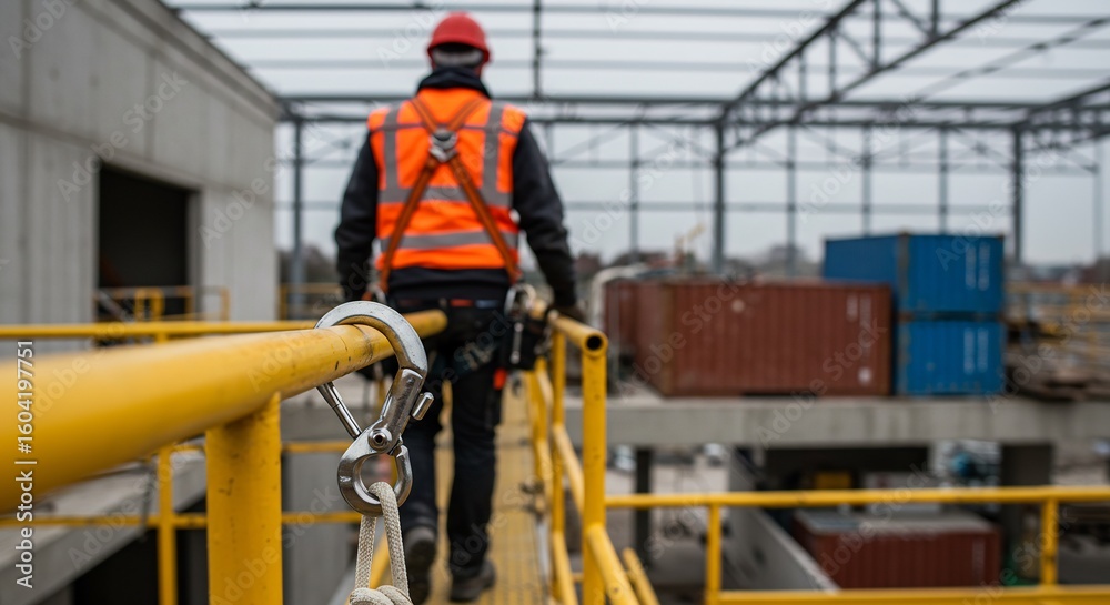 Fototapeta premium Construction Worker on Elevated Platform with Safety Harness Attached to Yellow Railing