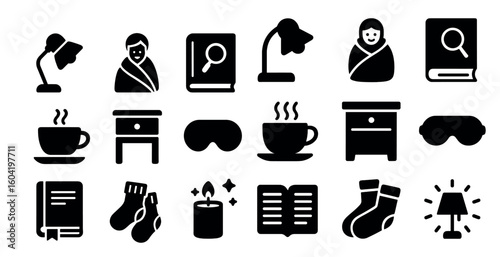 Cozy home solid icons set – filled, flat, winter and comfort symbols