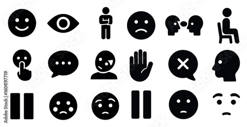 Emotion and expression solid icons set – face, mood, communication symbols