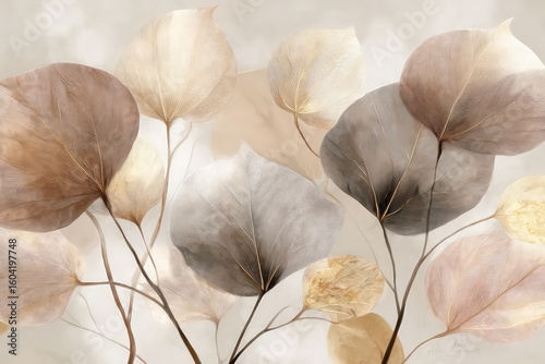 Delicate Beige Brown Leaves Abstract Wall Art