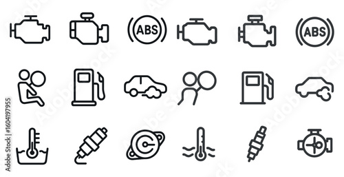 Automotive line icons set – vehicle, engine, dashboard symbols for car diagnostics