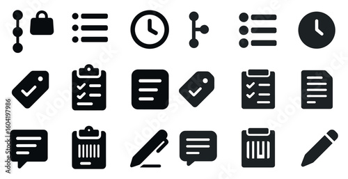Task management solid icons set – flat, filled, productivity and project symbols