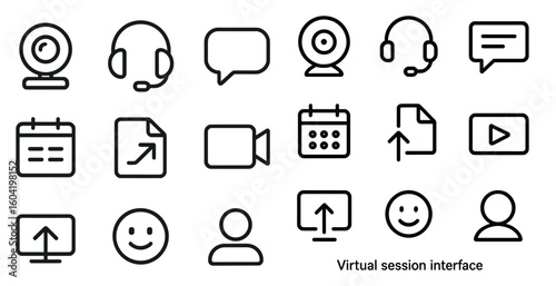Virtual meeting line icons set – seamless, outline, communication and video chat symbols