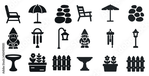 Garden decor silhouette icons set – solid, flat, outdoor and yard design essentials