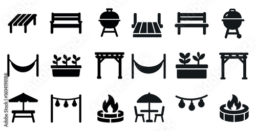 Garden and patio solid icons set – filled, outdoor decor and furniture symbols