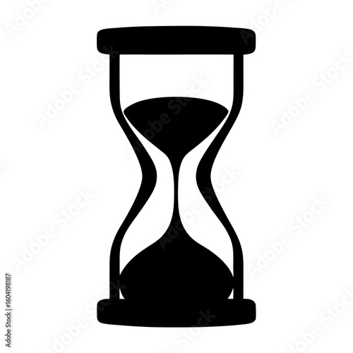 A minimalist black and white graphic illustration of an hourglass time measuring device