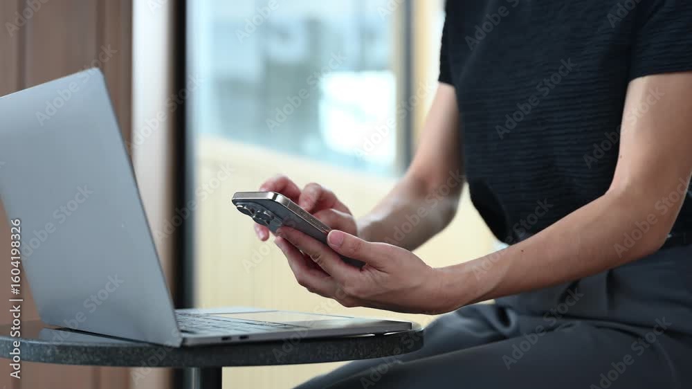 Businesswoman hand working digital marketing media in virtual screen with mobile phone and modern compute