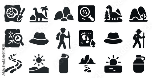 Fossils and paleontology solid icons set – archaeology, dinosaur, historical symbols