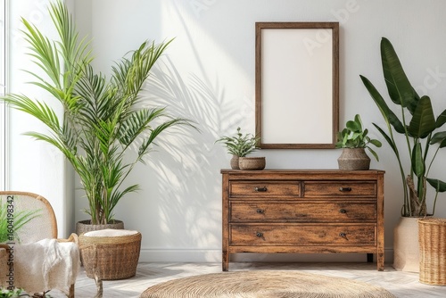 Rustic wooden dresser placed near a white wall with a mock-up poster frame. Boho interior design for a modern living room, Generative AI