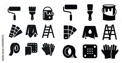 Painting and decorating icons set – solid, filled, brush and ladder symbols