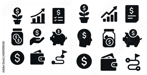 Finance and investment icons set – solid, silhouette, banking and savings symbols