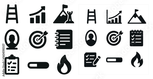 Business and growth solid icons set – flat, filled, corporate and success symbols