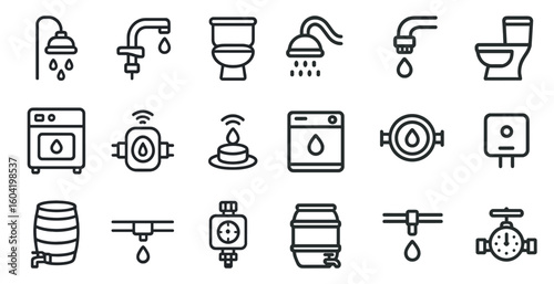 Home plumbing outline icons set – linear, water, maintenance and repair graphics