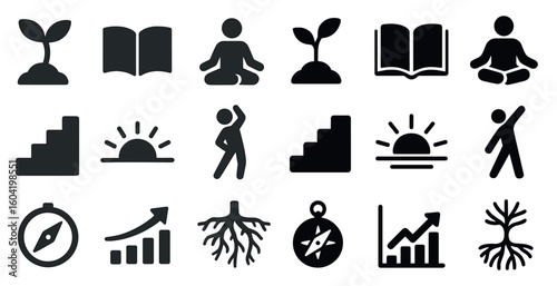 Nature and wellness filled icons set – solid, silhouette, growth and health symbols