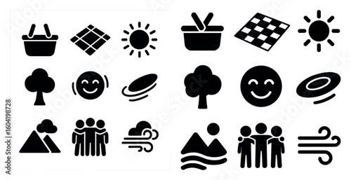 Outdoor activities solid icons set – silhouette, filled, recreation and sports symbols