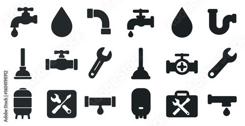 Plumbing tools solid icons set – filled, silhouette, repair and maintenance graphics