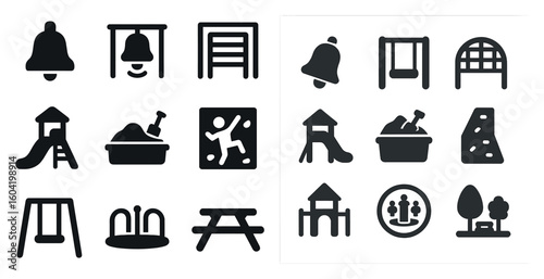 Playground equipment solid icons set – filled, flat, park and recreation symbols