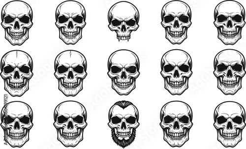 Cad drawing flat vector illustration of human skulls, horror skull tattoo designs, spooky skull art, Halloween skeleton head clipart.