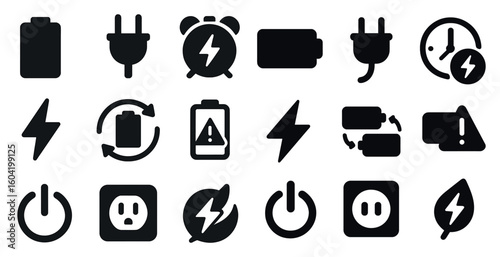 Energy and power icons set – solid, flat, electricity and charging symbols