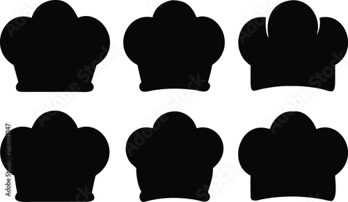 Collection of Six Black Chef Hats on a White Background for Culinary Arts Designs