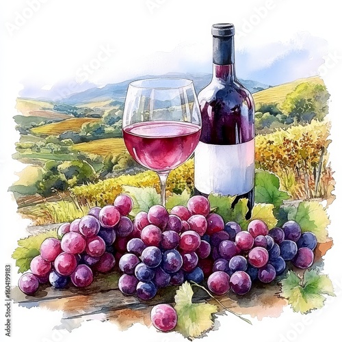 Composition of pink grapes, red wine bottle, and wine glass set against a landscape with hills background, painted in watercolor or aquarelle style, Generative AI
