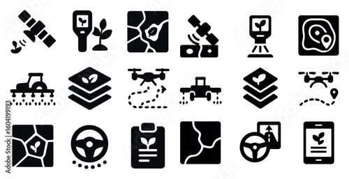 Agriculture and drone silhouette icons set - farming, technology, crop symbols