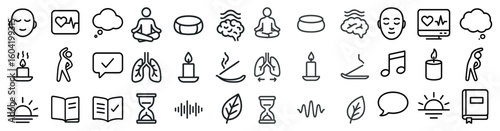 Mindfulness and meditation line icons set – flat, outline, yoga and wellness symbols