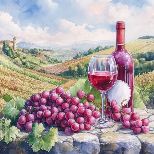 Composition of pink grapes, red wine bottle, and wine glass set against a landscape with hills background, painted in watercolor or aquarelle style, Generative AI