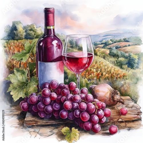 Composition of pink grapes, red wine bottle, and wine glass set against a landscape with hills background, painted in watercolor or aquarelle style, Generative AI