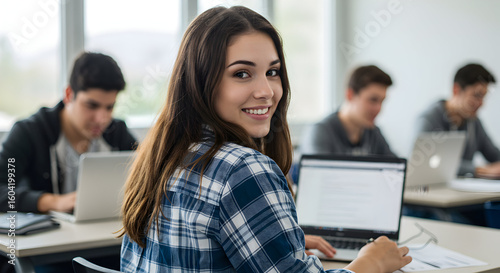 Confident female student smiles, looking back over shoulder at classmates using laptops in modern classroom setting, studying together.