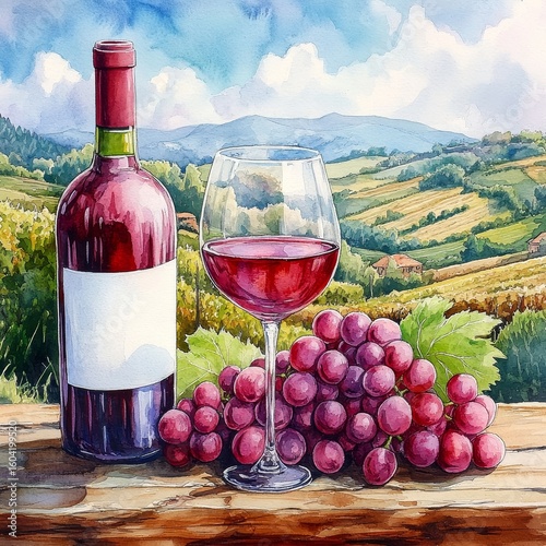 Composition of pink grapes, red wine bottle, and wine glass set against a landscape with hills background, painted in watercolor or aquarelle style, Generative AI