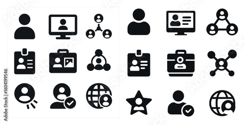 User and networking silhouette icons set – profile, connection, communication graphics