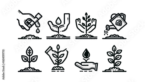 A line icon set representing tree planting