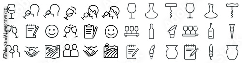 Wine and beverage line icons set – outline, silhouette, drinking symbols collection