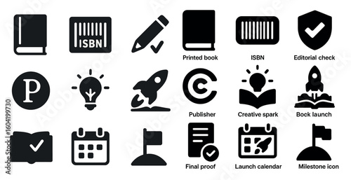 Publishing and book solid icons set – flat, filled, editorial and literary symbols