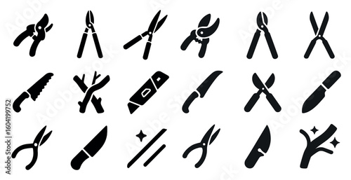 Garden tools solid icons set – silhouette, filled, pruning and landscaping symbols