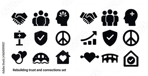 Rebuilding trust solid icons set – silhouette, filled, connection and harmony signs