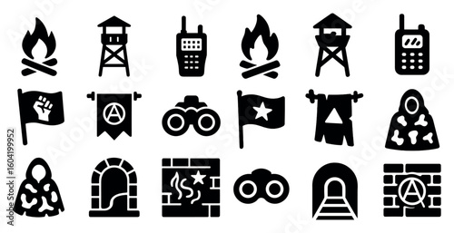 Survival and camping solid icons set – filled, adventure, outdoor activity symbols