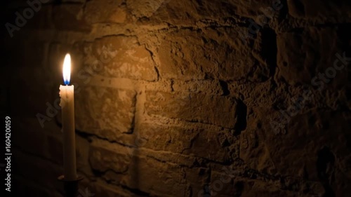 Candlelight illuminates ancient stone wall