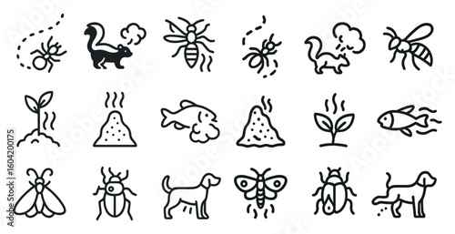 Pest control icon set – outline, linear, insects and wildlife management symbols