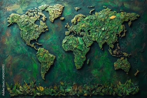 World map made from green grass and leaves, showcasing an ecological and green environment concept, Generative AI
