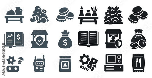 Medieval market solid icons set – flat, filled medieval and trade symbols