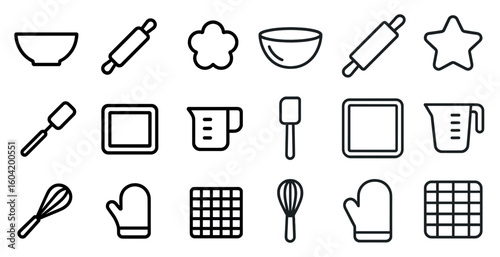 Baking and cooking outline icons set – line, kitchen, culinary tools and equipment