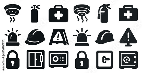 Safety and security solid icons set – filled, warning, protection symbols