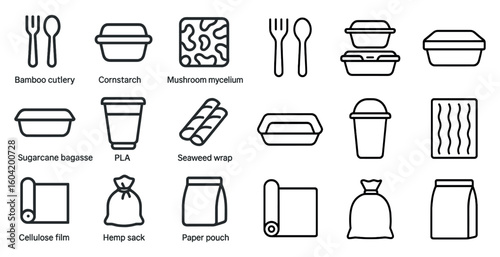 Eco-friendly packaging outline icons set – sustainable, reusable, biodegradable symbols