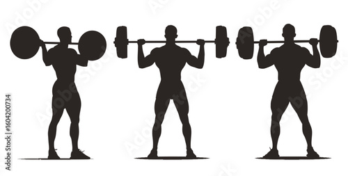 Silhouette of weightlifter performing squats with barbell in different stages of the movement