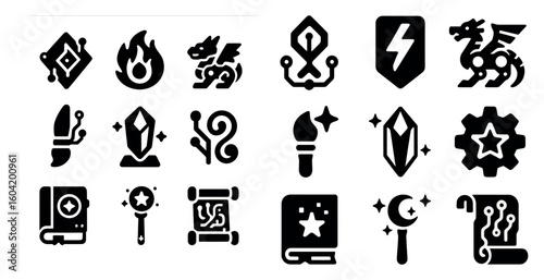 Fantasy and magic icons set – solid, silhouette, enchanted mythical symbols