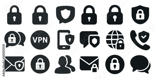 Cybersecurity and privacy icons set – solid, filled, network and data protection symbols